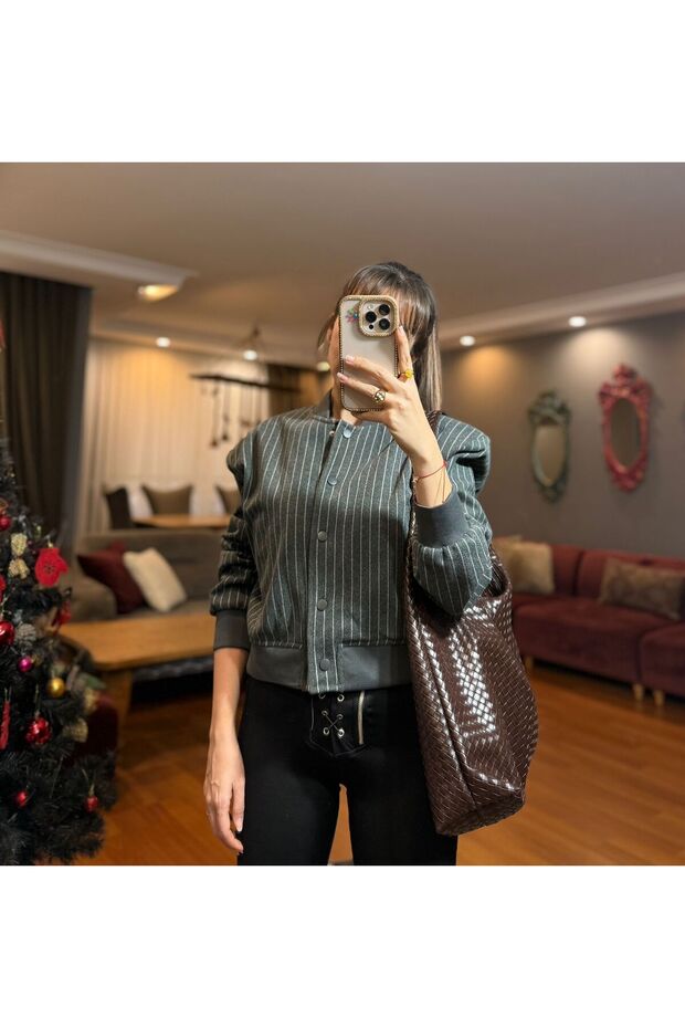 سترة بومبر مخططة بلون الأنثراسيت - 3