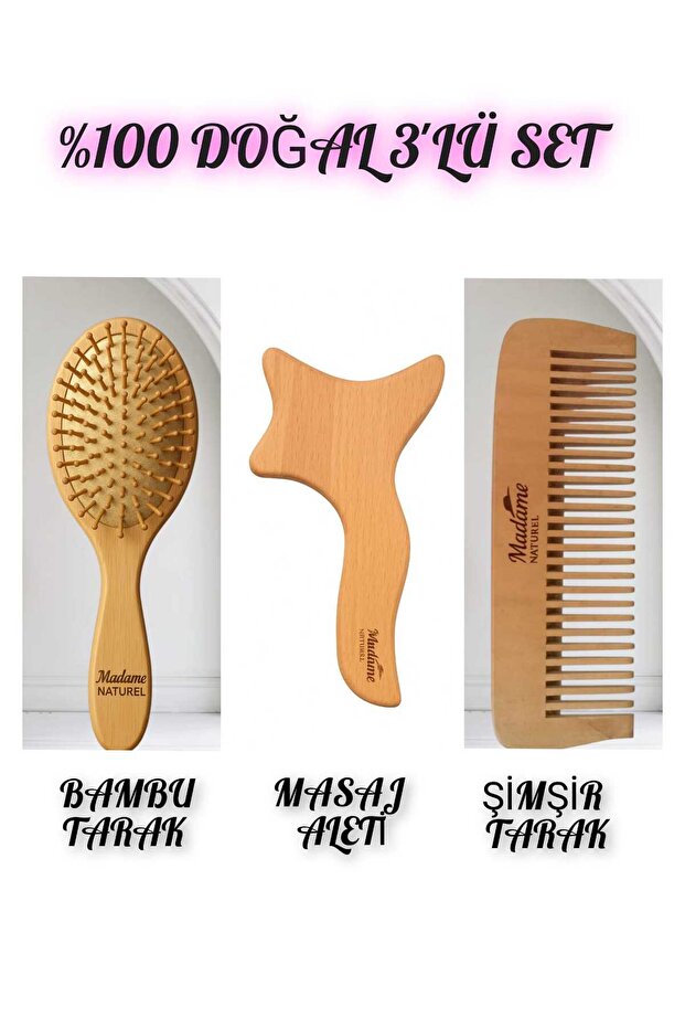 100% Natural Set of 3 (Bamboo Comb - Massage Tool - Boxwood Comb)