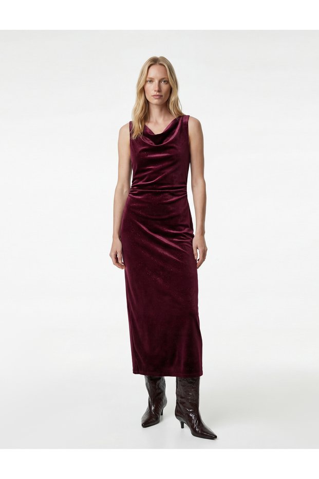 Sleeveless Round Neck Glitter Long Velvet Dress