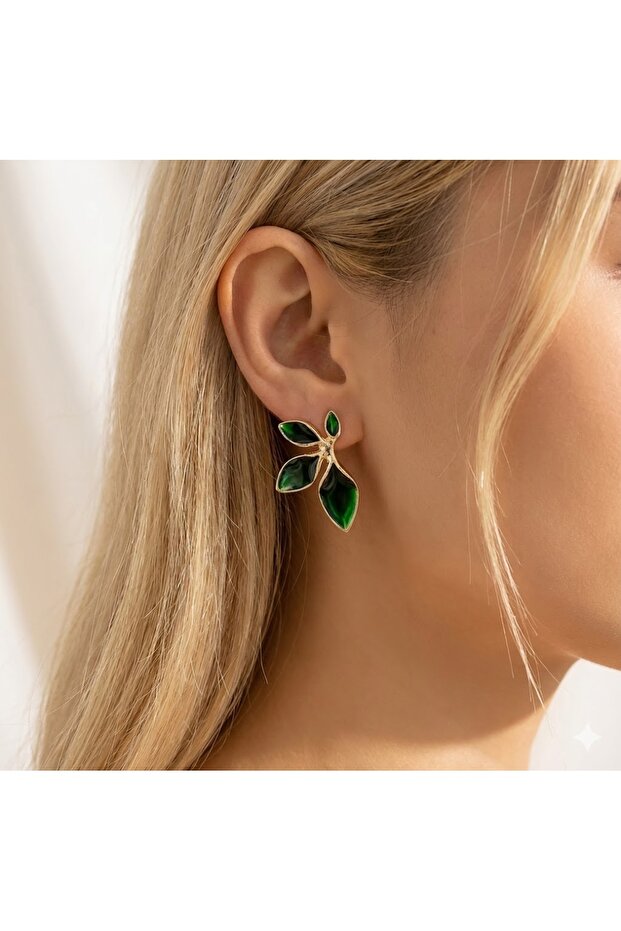 أقراط مينا على شكل أوراق الزمرد - 1