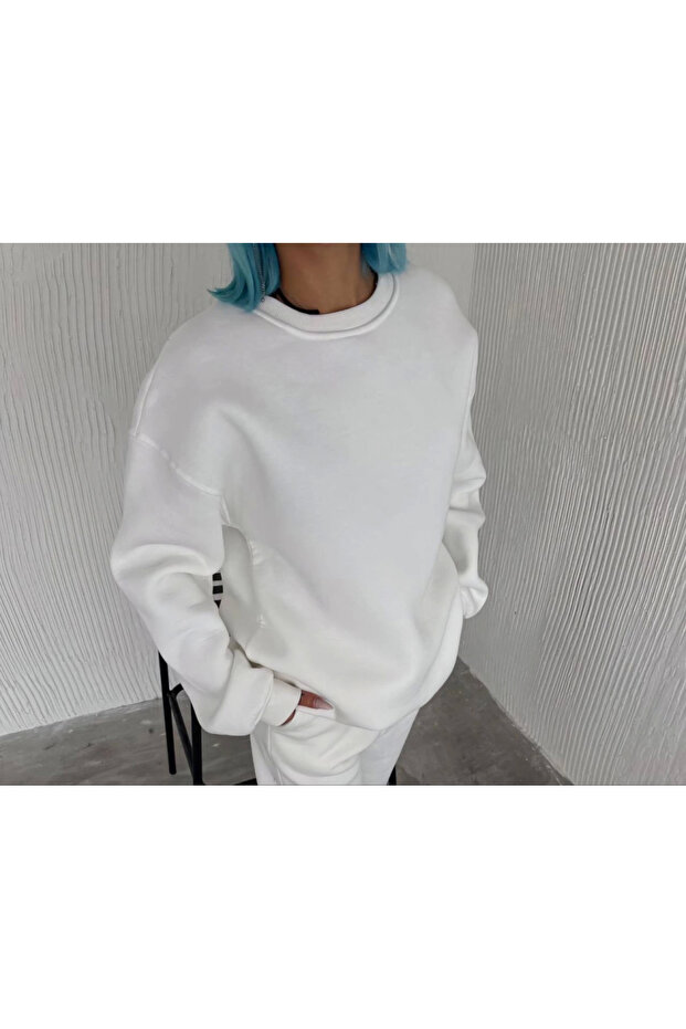    سويت شيرت شتوي أساسي برقبة دائرية وثلاثة خيوط - أبيض - 2