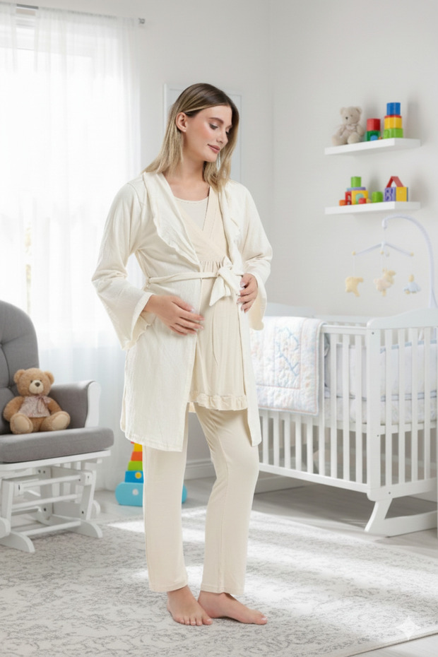 Women's Beige Shawl Collar Maternity Pajama Set with Hidden Nursing Feature, 3-Piece