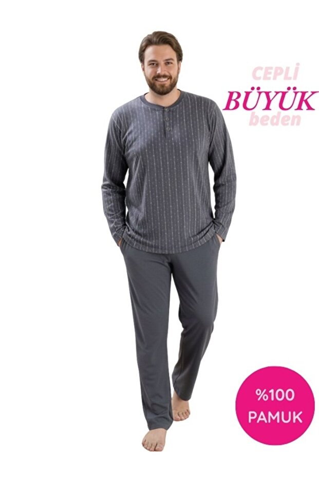 Gray Men's Plus Size Crew Neck 3-Button Transitional Long Sleeve Pajama Set