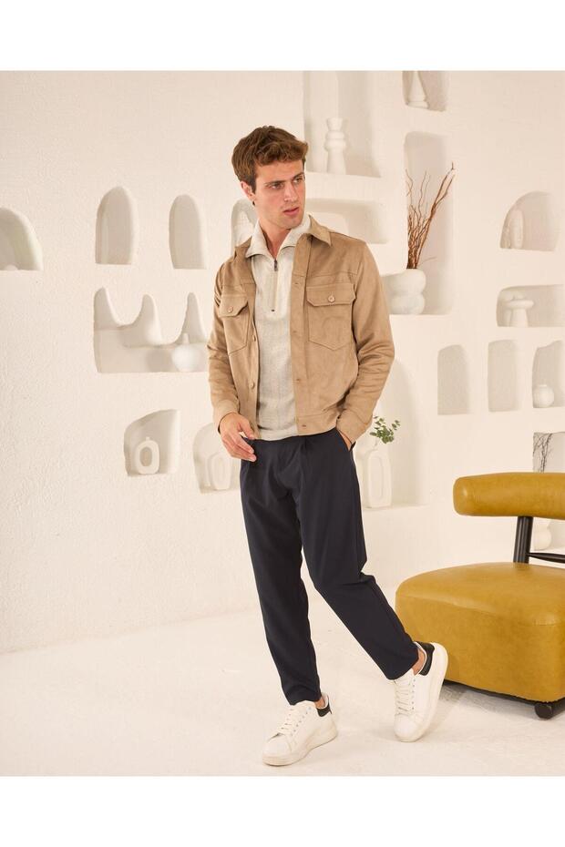 Çift Kapaklı Cepli Süet Mont - 1