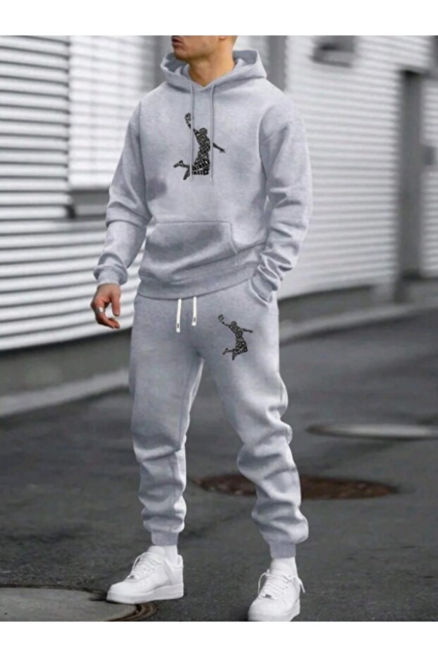 GRAY BASKETBALL-INSPIRED HOODED TOP AND BOTTOM TRACKSUIT SET
