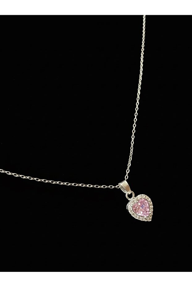 Pembe kalp detaylı Çelik gümüş kolye - 1