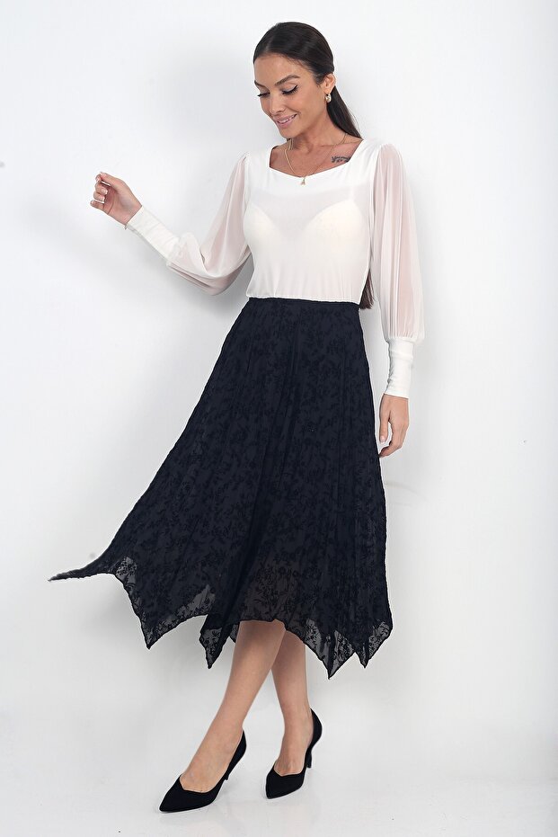 Women's Elastic Waist Lined Flock Print Patchwork Midi Skirt