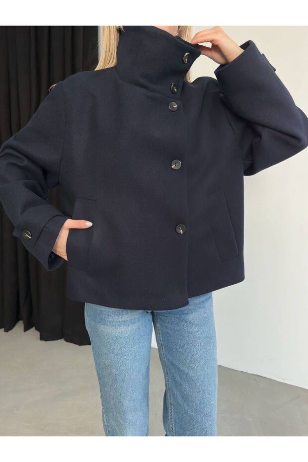 Women's Mock Neck Cotton Textured Premium Cashmere Coat