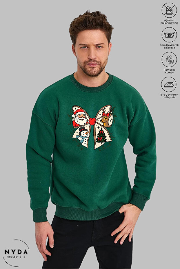 Unisex Long Sleeve Bowknot Christmas Printed Crew Neck Hoodless Fleece-Lined Oversized Sweatshirt