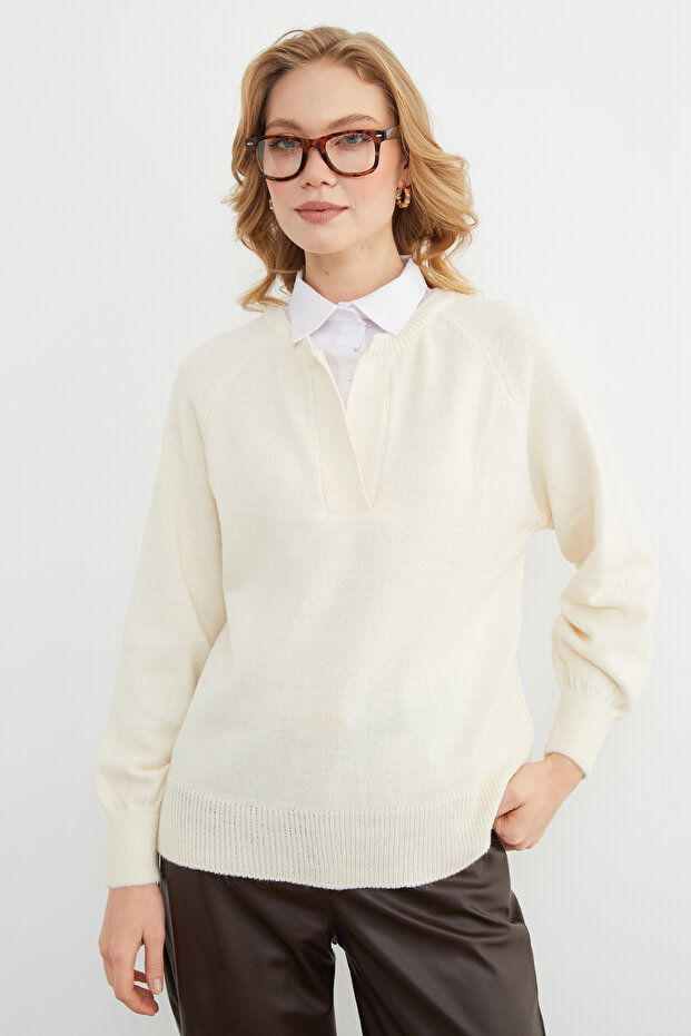 Basic Gömlek Yaka Triko Kazak - 7