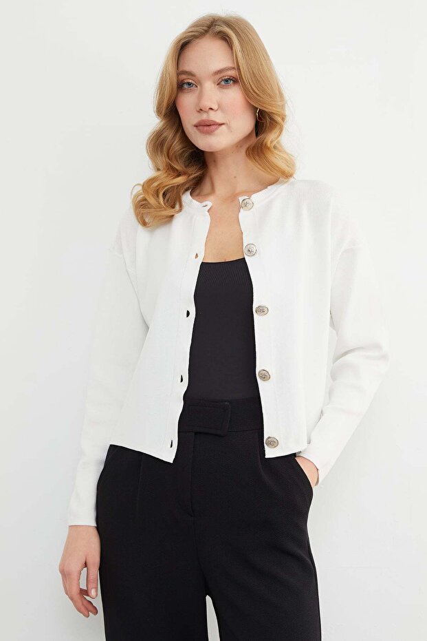 Basic Düğmeli Bisiklet Yaka Triko Hırka - 2