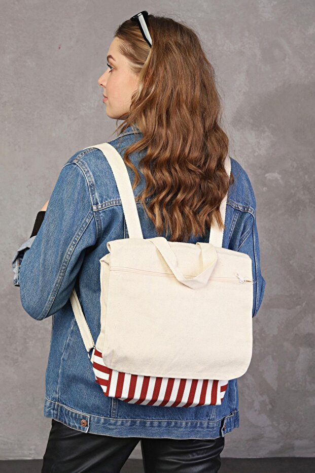 حقيبة ظهر من القماش المنسوج باللون الأحمر - 3