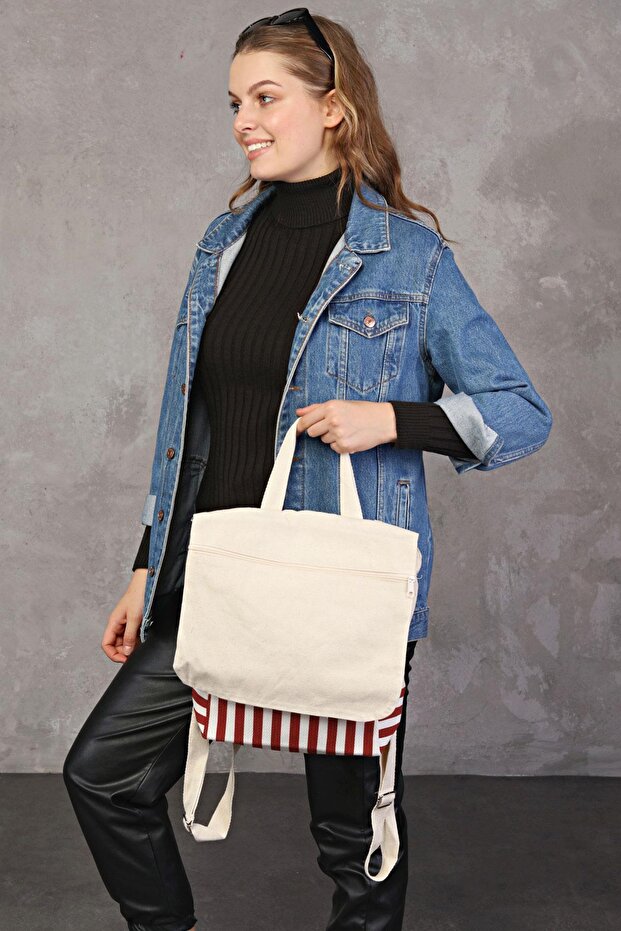 حقيبة ظهر من القماش المنسوج باللون الأحمر - 6