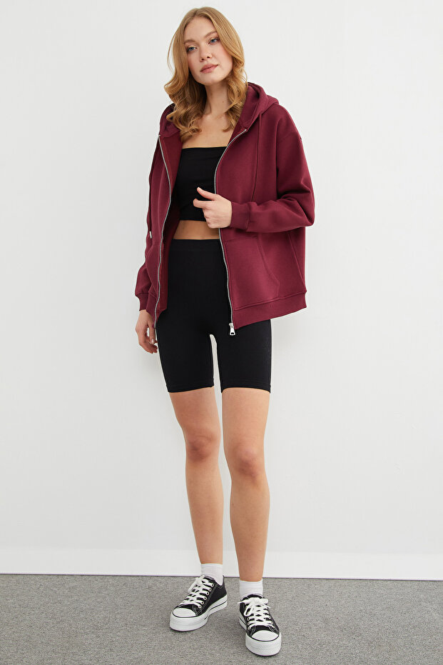 Basic Fermuarlı Kapüşonlu Oversize Sweatshirt - 2