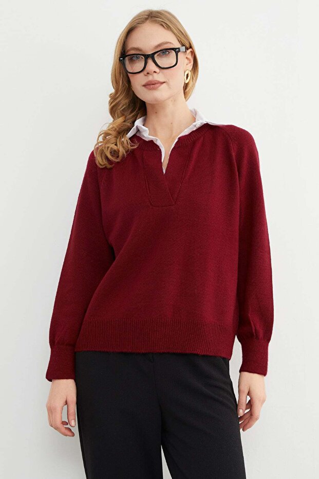 Basic Gömlek Yaka Triko Kazak - 1