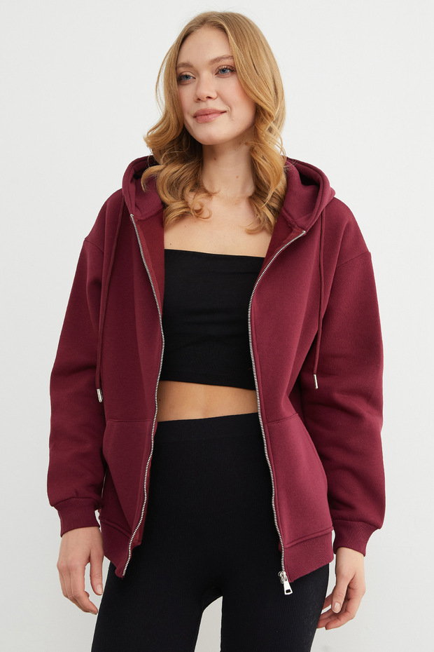 Basic Fermuarlı Kapüşonlu Oversize Sweatshirt - 3