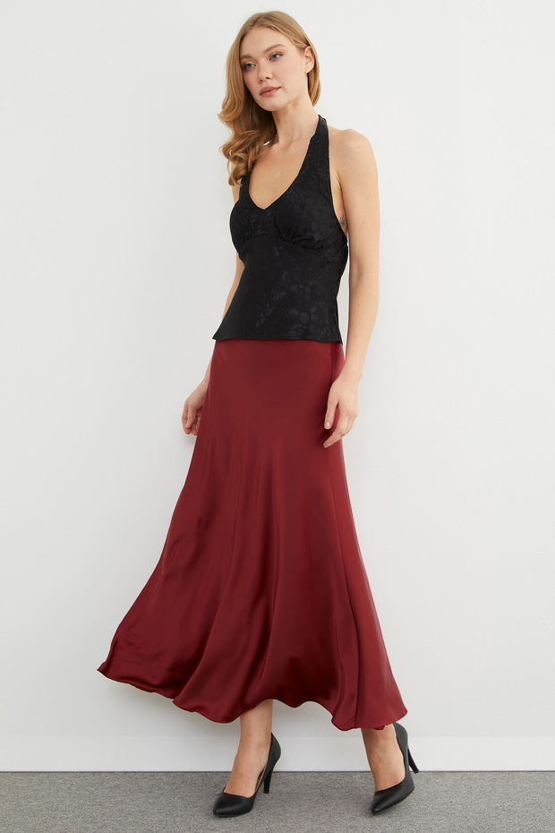 Elastic Waist Midi Length Satin Skirt