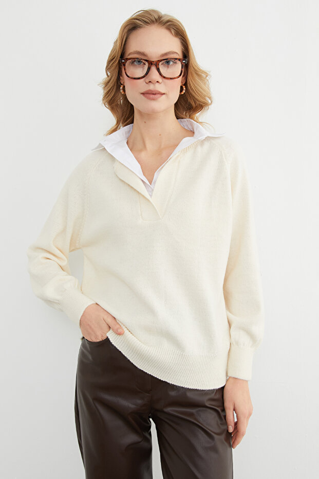 Basic Gömlek Yaka Triko Kazak - 2