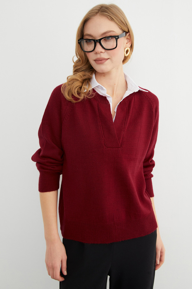 Basic Gömlek Yaka Triko Kazak - 3