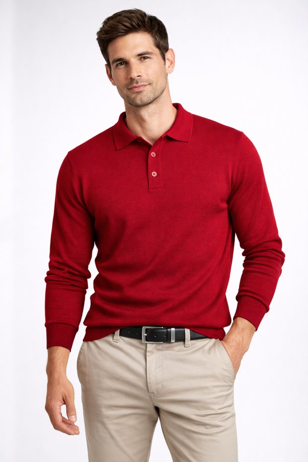 100% Wool Blend Red Polo Neck Men's Sweater