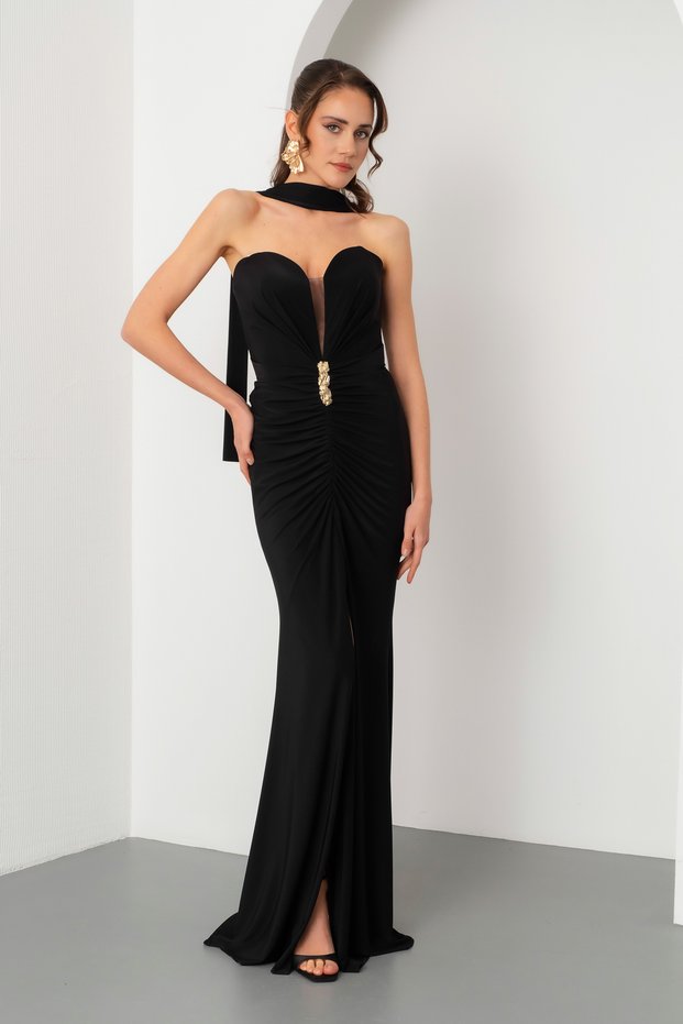 Women's Black Tight Fit Strapless Neck Shawl Detail Slit Long Evening Dress