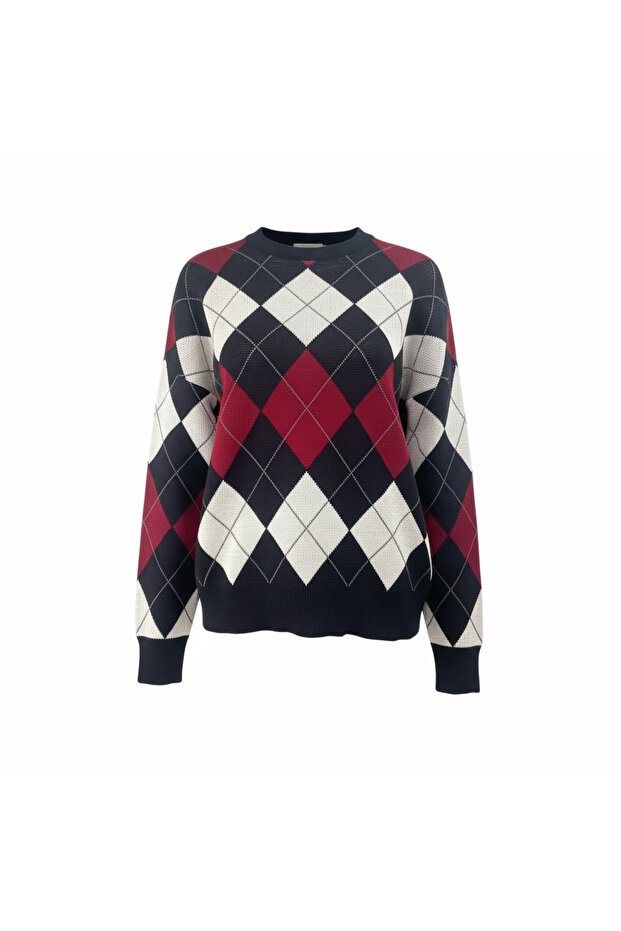 Women's Crew Neck Diamond Patterned Knitwear Sweater