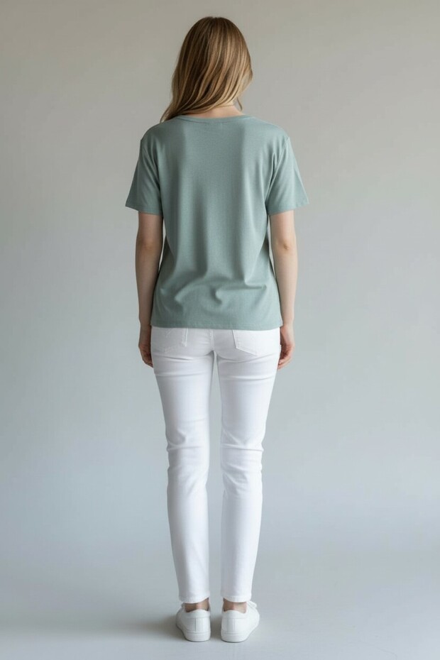 Kadın Örme Kısa Kol V Yaka T-Shirt - 6