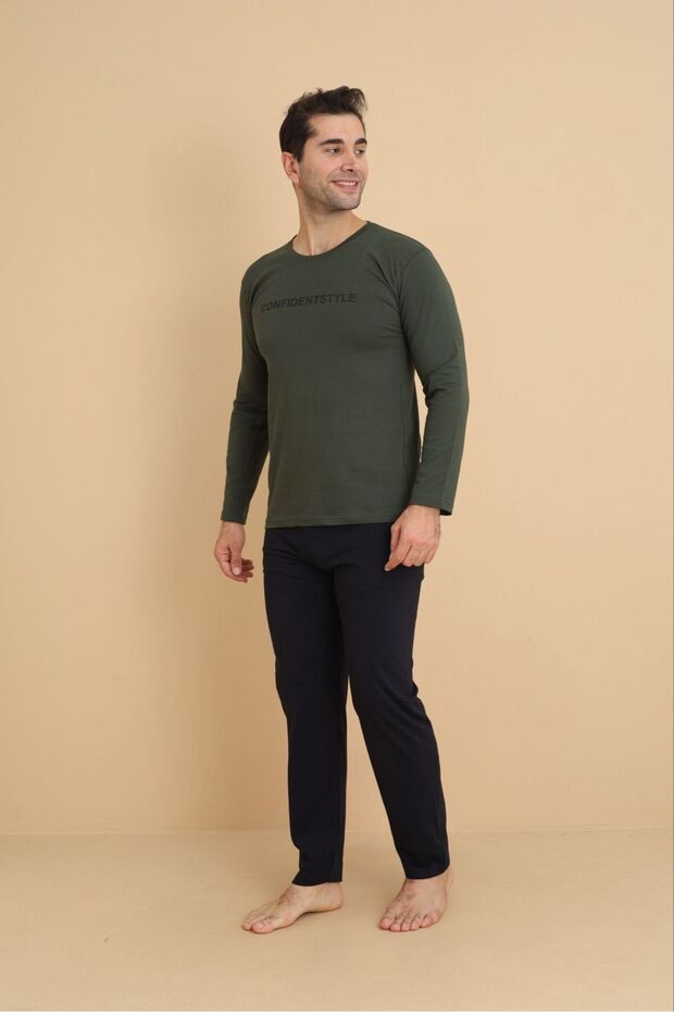 Men's Cotton Pajama Set Khaki Long Sleeve Top Black Bottom Soft Textured