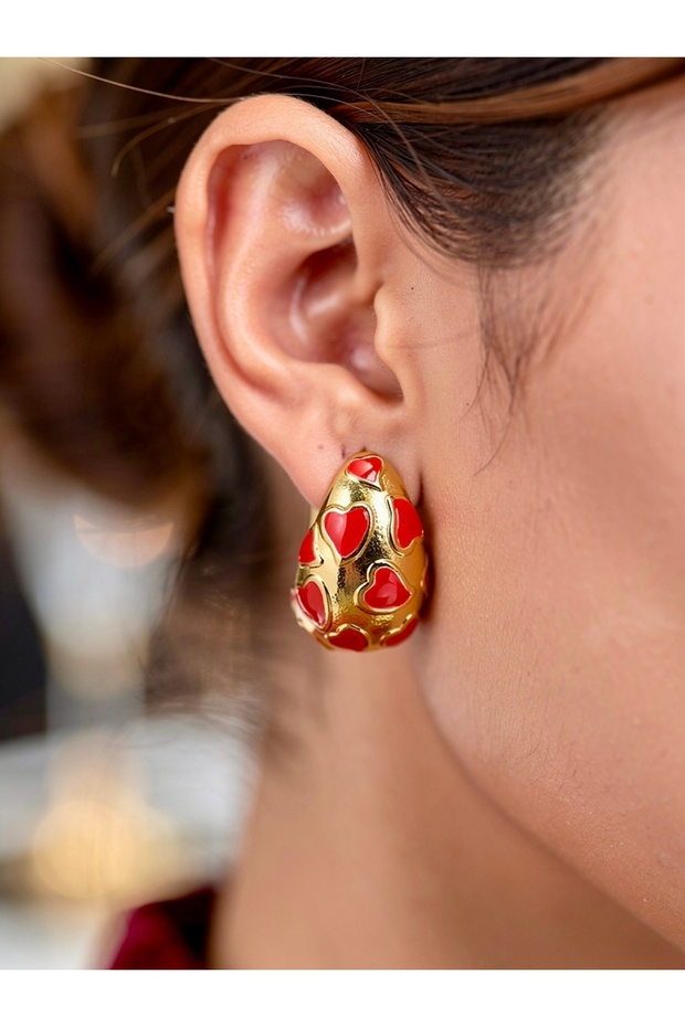 Red Heart Drop Gold Earrings