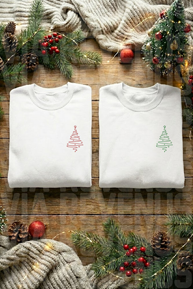 Unisex Minimal Pine Tree Printed New Year Concept Lover Combination Set of Oversized Sweatshirts