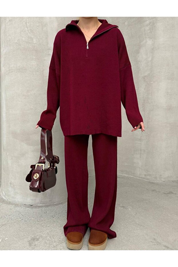 Spring Burgundy Knitted Detailed Oversized Sweater Trousers Knitwear Top and Bottom Set