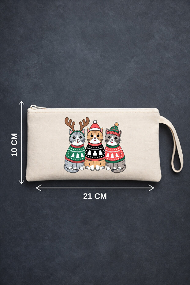 Cute Cats in Christmas Themed Sweaters Printed Zippered Cloth Pencil Holder, Makeup Bag, Handbag