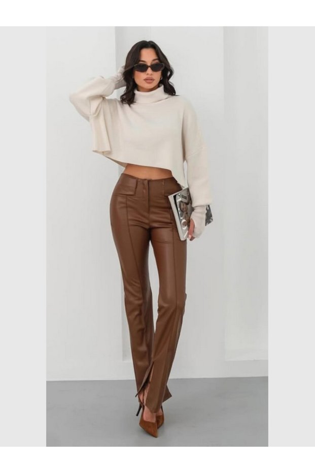 Women's Faux Leather Regular Waist Slit Leg Flexible Fabric Full Fit Pants