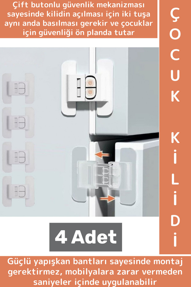 Self-Adhesive No Assembly Required Aesthetic Refrigerator Drawer Cabinet Door Child Lock 4 Pieces