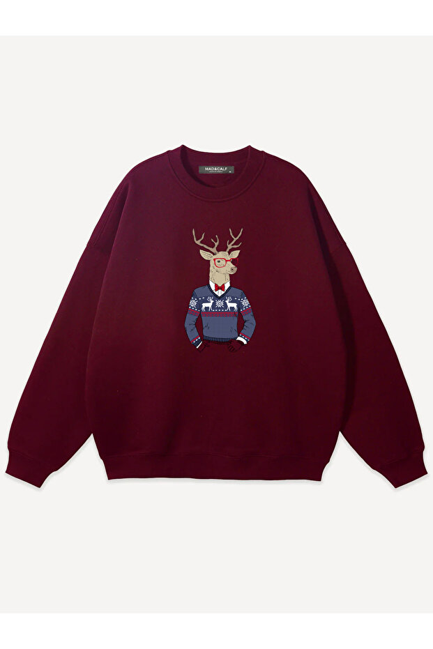 سويت شيرت للجنسين من Deer Guy مطبوع برقبة دائرية قصة فضفاضة