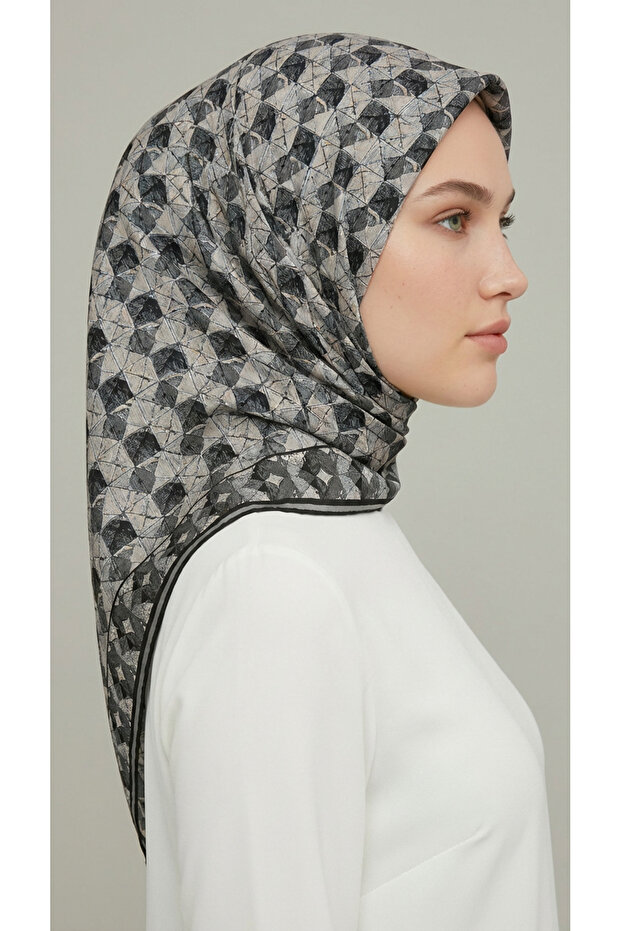 وشاح من الرايون بنمط هندسي - رمادي - 5