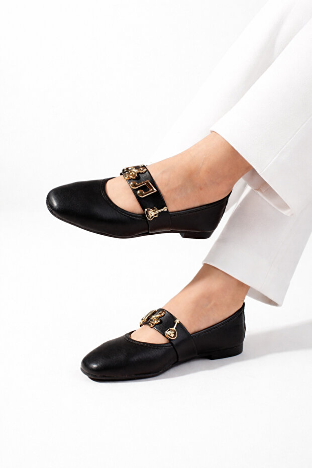 Melora Women's Ballet Office Shoes Black Skin Gold Note Accessory Strappy Ballet Shoes Stc1203