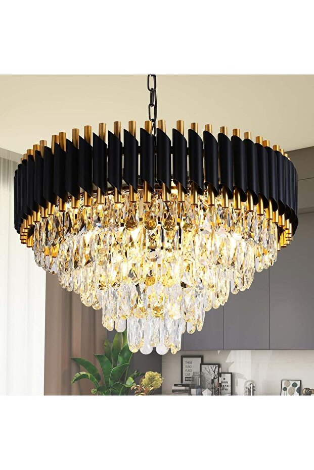 Modern Chandelier Gold and Black Crystal Hanging Light 5-Tier