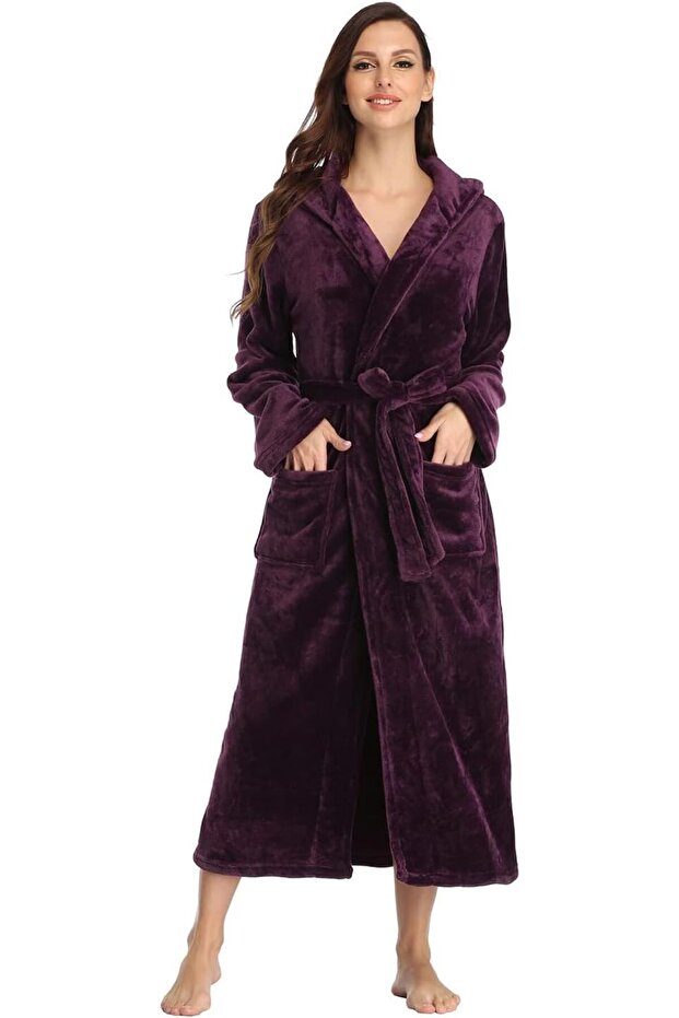 Women's Plush Hooded Robe Open-Front Long Bathrobe Soft Fleece with Pockets for Spa Loungewe