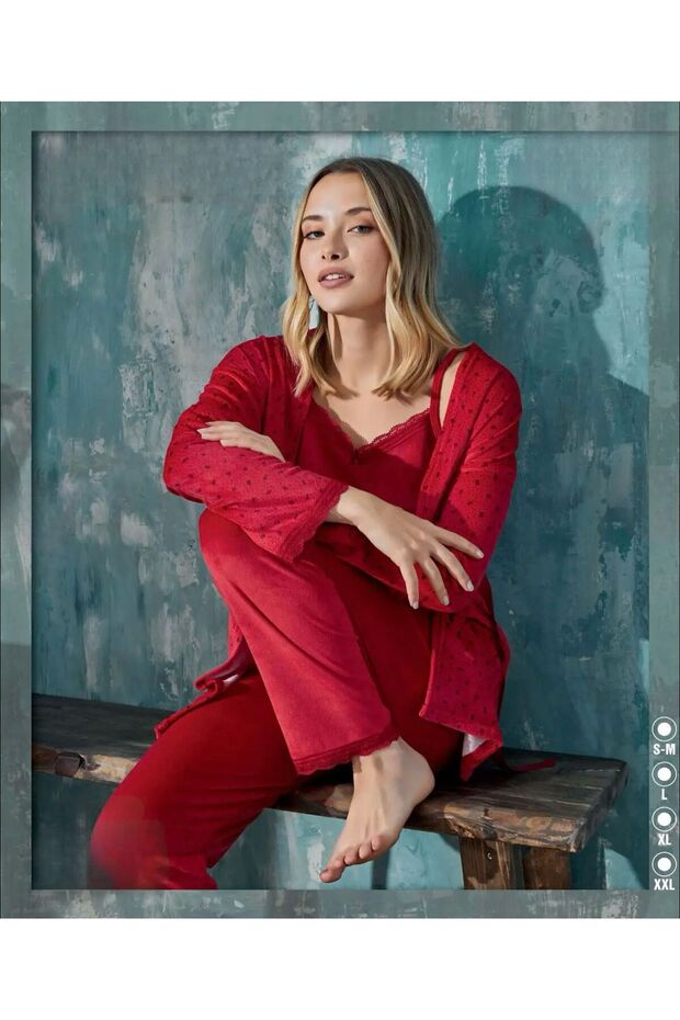Women's Velvet Triple Robe Floral Pattern Pajama Set