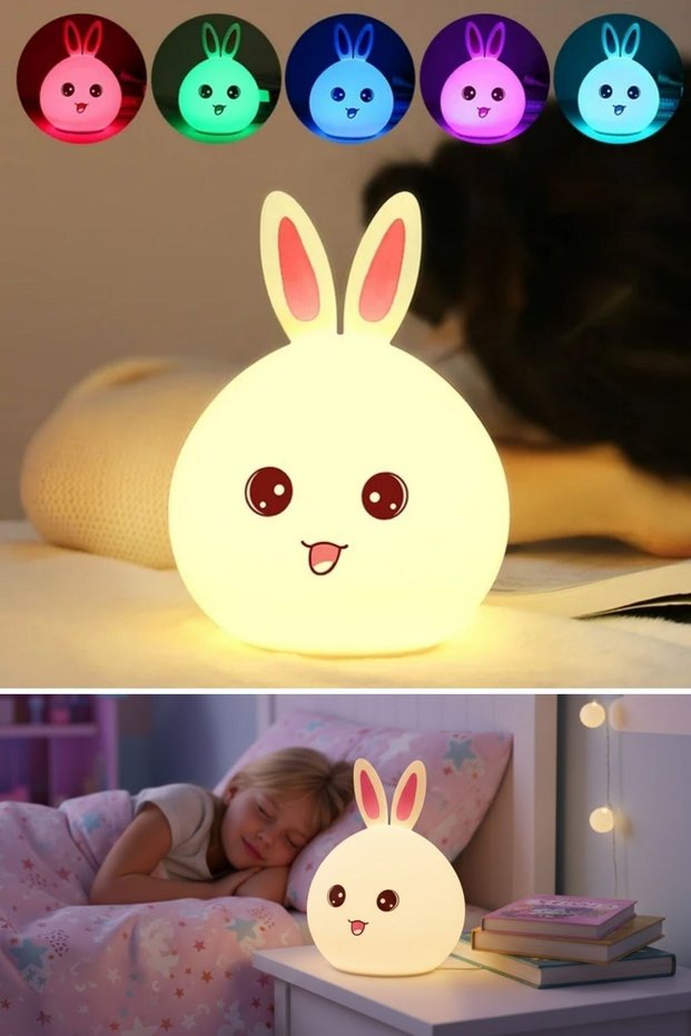 ® Fluffy Led Night Light with Rabbit Figure and 5 Different Color Modes – Soft Textured Children's Room and De