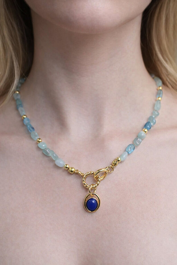 Aquamarine Natural Stone Necklace with Sapphire Talisman Detail