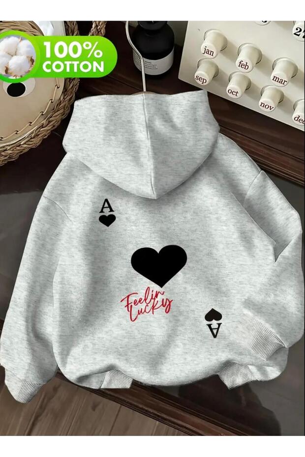 Kupa as İskambil Tema B Printed K Hooded Düz Sweatshirt