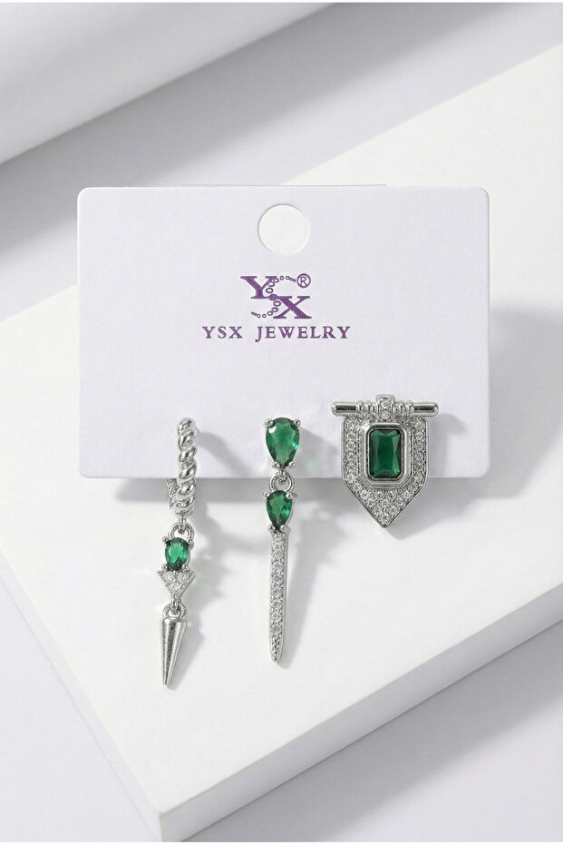 Ysx Silver Color Emerald Green Stone Multi Earring Set – Steel, Modern and Stylish Design