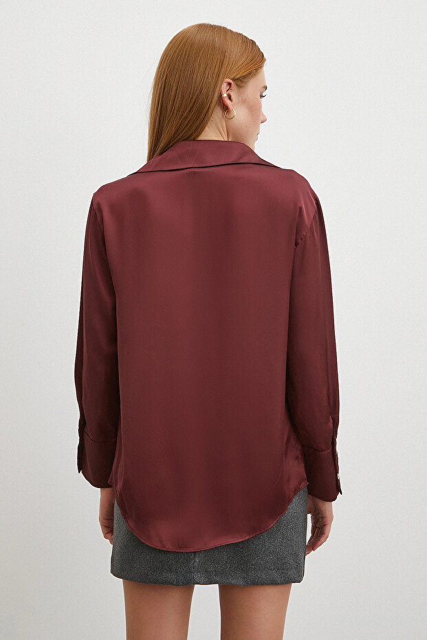 Basic Saten Gömlek Bordo - 6