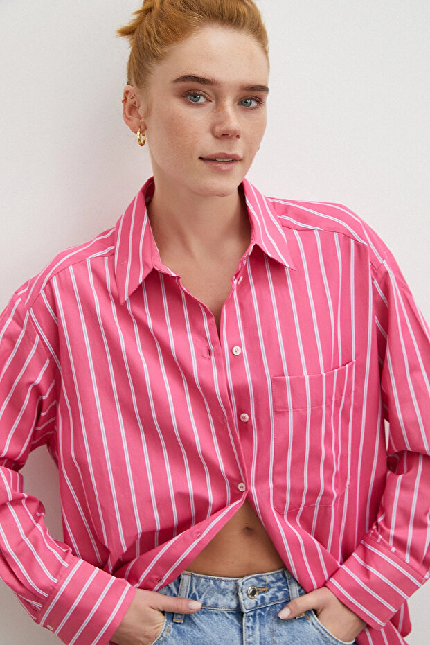 Striped poplin shirt pink