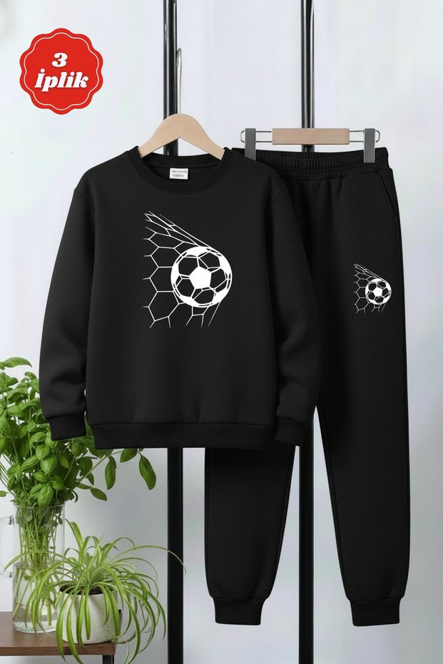 3-Ply Thick Round Neck Football Mesh Print Detail Winter Boys Tracksuit Set