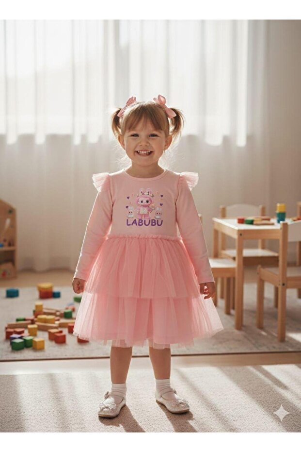 Pink Labubu Tulle Long Sleeve Combed Cotton Girls' Dress