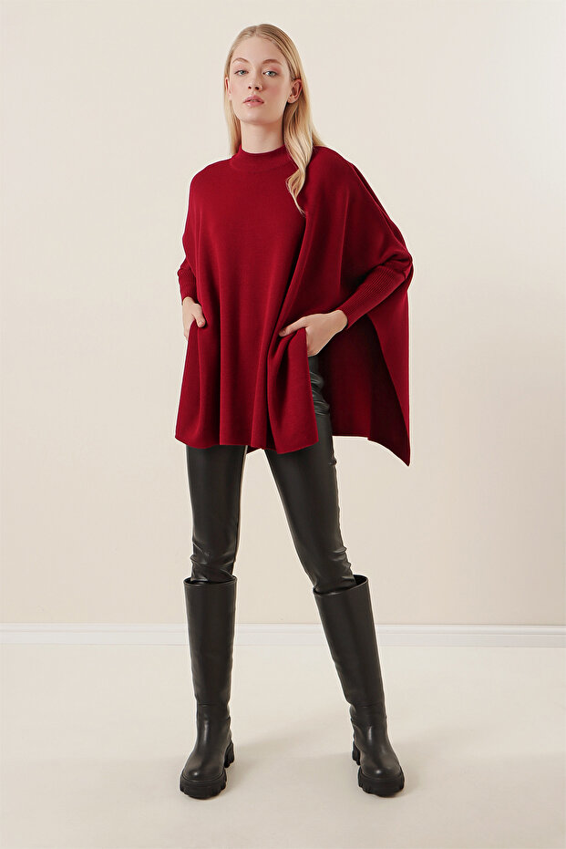 15783 Slit Poncho Sweater - Claret Red