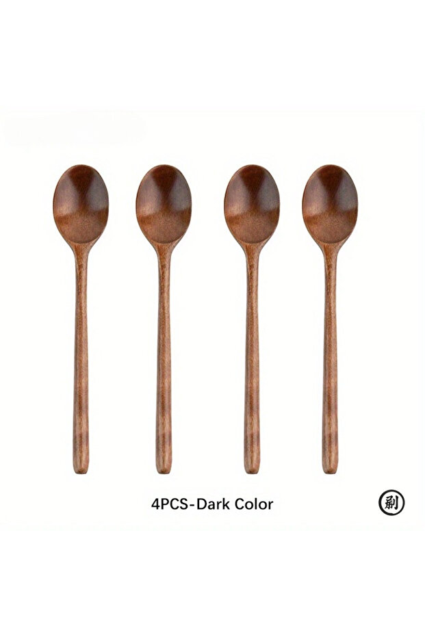 4PCS-Dark Color 4PCS Wooden Spoon Kitchen Korean Style Natural Wood Soup Tableware Cooking Honey Cof